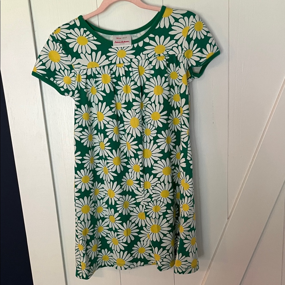 Hanna Andersson Green Daisy Print Short Sleeve Dress size 6-7 🌼💚